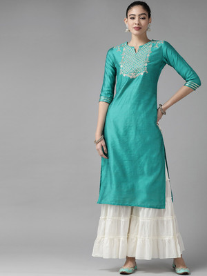 Indo Era Women Embroidered Straight Kurta(Light Green)