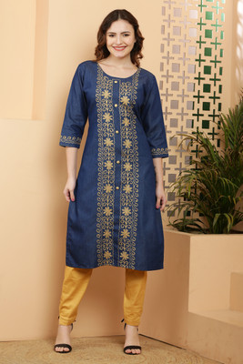Shopbering Women Embroidered A-line Kurta(Blue)
