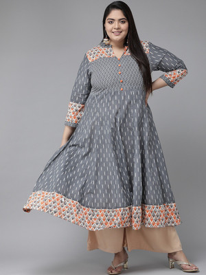 Yash Gallery Women Abstract Anarkali Kurta(Grey)