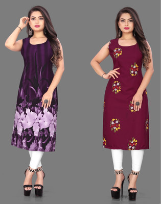 maruti fab Women Floral Print Straight Kurta(Purple, Maroon)