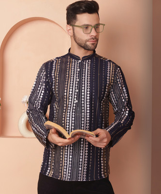 Jompers Men Embroidered Straight Kurta(Blue)