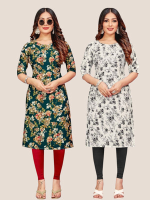 HouseOfCommon Women Printed Straight Kurta(Green, White)