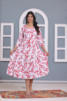 ks creation Women Floral Print Anarkali Kurta(White)