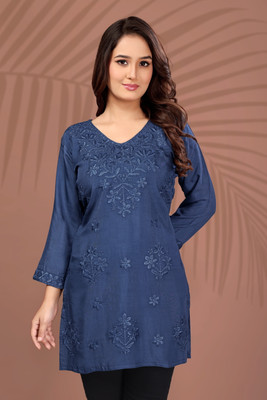 KASHIMAA Women Chikan Embroidery A-line Kurta(Dark Blue)
