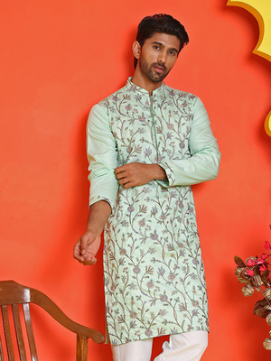 Jompers Men Embroidered Straight Kurta(Light Green, Gold)