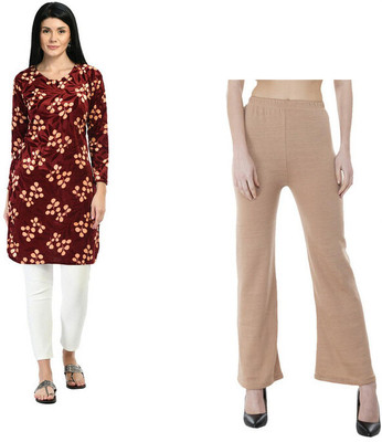 KAVYA Women Floral Print Straight Kurta(Maroon, Beige)