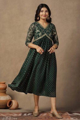 Fashion Dream Women Printed Flared Kurta(Green)