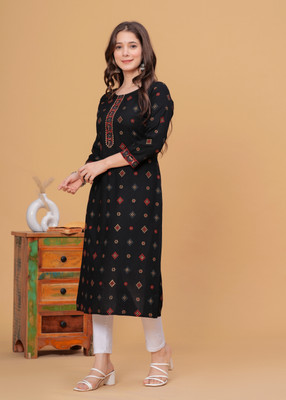 Dk Fab Women Printed Straight Kurta(Black)