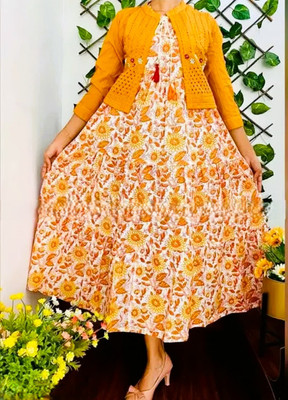 HECOLLY Women Floral Print Anarkali Kurta(Orange)