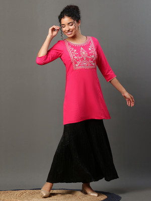Aurelia Women Embroidered A-line Kurta(Pink)
