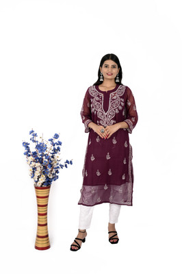 Randeep Clothing Women Embroidered, Chikan Embroidery Straight Kurta(Purple)