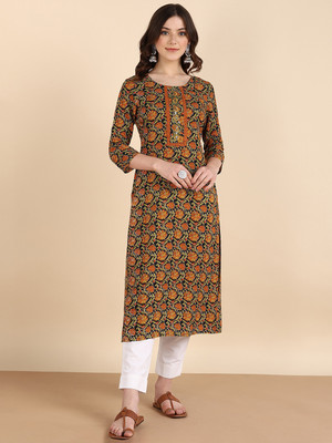 PinkTribe Women Embroidered Straight Kurta(Black)