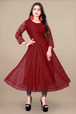 Lakshya Fashion Mart Women Self Design Anarkali Kurta(Maroon)
