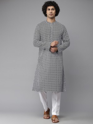 Fashvio Men Chikan Embroidery Straight Kurta(Blue)