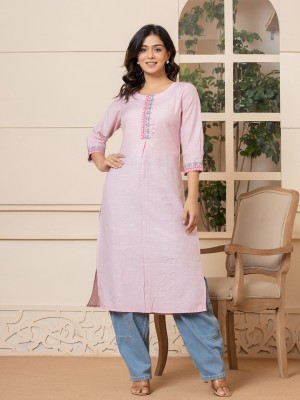 Yufta Women Embroidered Straight Kurta(Pink)