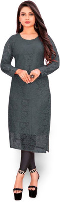 URUFASHIIONMART Women Self Design Straight Kurta(Grey)