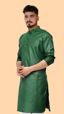 HouseOfCommon Men Solid A-line Kurta(Dark Green)
