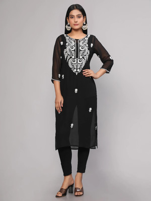 Royal Export Women Embroidered Straight Kurta(Black, White)