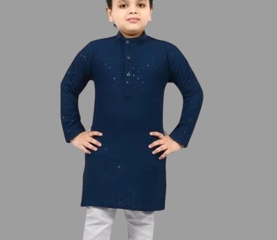 ATLY Boys Chikan Embroidery Straight Kurta(Dark Blue)