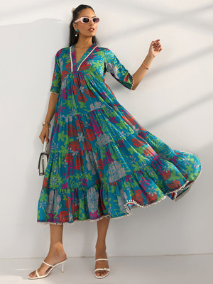 LIBAS Women Printed Flared Kurta(Blue)