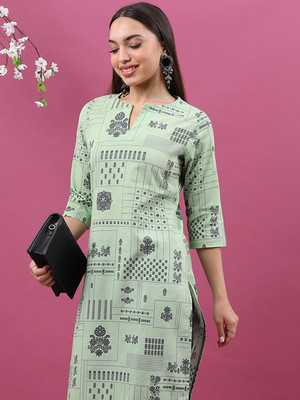 Vishudh Women Printed Straight Kurta(Green)