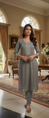 sofiacollection Women Embroidered Straight Kurta(Grey)