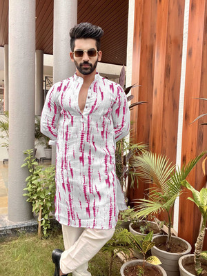 DIAMOND CLUSTER Men Printed Straight Kurta(Pink)