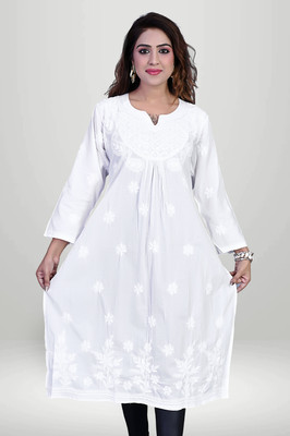Virtuore Women Embroidered A-line Kurta(White)