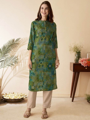 ANOUK Women Printed Straight Kurta(Green)