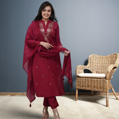 Sree Guru Enterprise Women Embroidered, Floral Print A-line Kurta(Maroon)