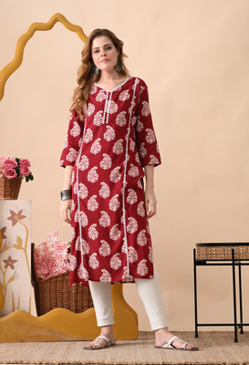 Deepyog Women Floral Print Straight Kurta(Maroon)