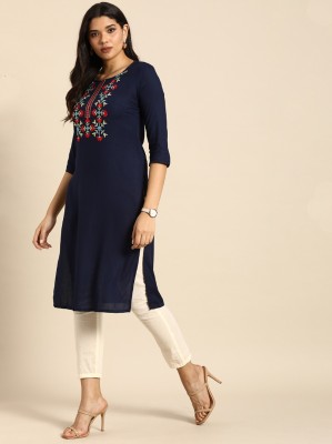 Amudee Fashion Women Embroidered Straight Kurta(Dark Blue)