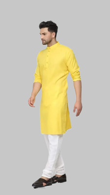 HouseOfCommon Men Solid A-line Kurta(Yellow)