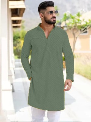 CRYTSAL REVENUE Men Embroidered Straight Kurta(Green)