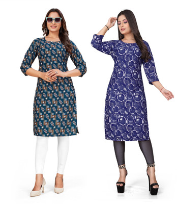shilpa synthetic Women Printed Straight Kurta(Blue)