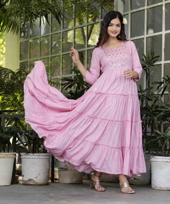 CHARVI CREATION Women Printed, Embroidered Flared Kurta(Pink)