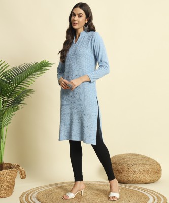 MYLES Women Self Design Straight Kurta(Light Blue)