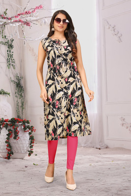 MANTHANN CREATION Women Floral Print A-line Kurta(Black)