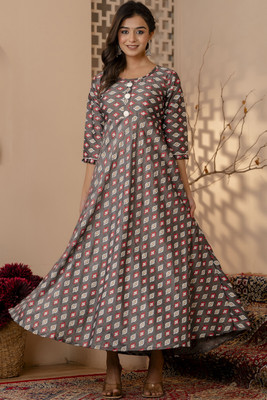 fantasy fab Women Printed Anarkali Kurta(Grey)