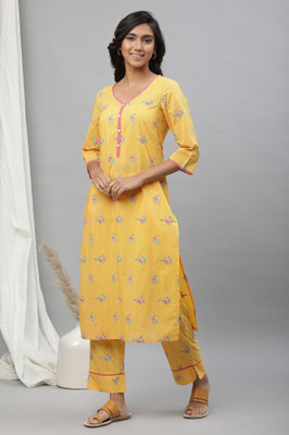 Aurelia Women Floral Print Straight Kurta(Yellow)