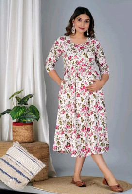 neeravcreation Women Printed Flared Kurta(Pink)