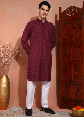 SWAGG INDIA Men Chikan Embroidery A-line Kurta(Red)