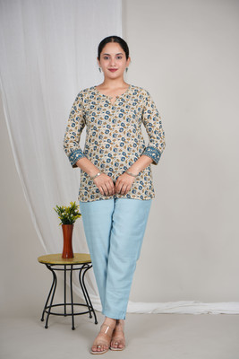 CHOURASYA Women Printed Straight Kurta(Blue, Beige)