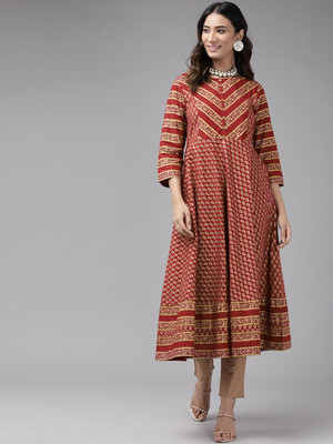 AKIKO Women Printed Anarkali Kurta(Maroon)