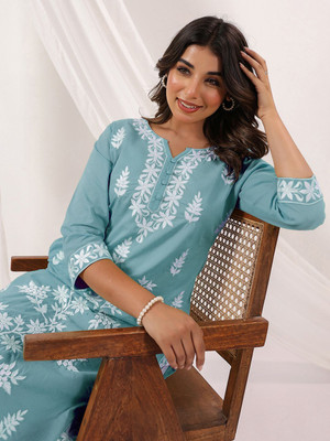 Janasya Women Embroidered Straight Kurta(Light Blue)