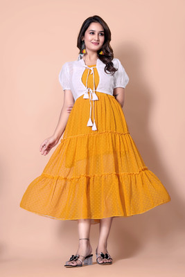 S R CREATION Flared/A-line Gown(Yellow)