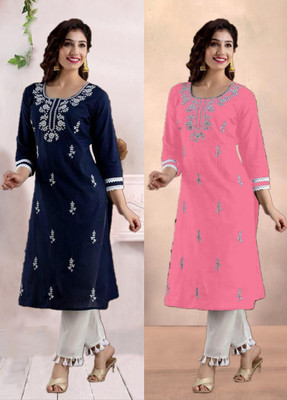 SISTO Women Chikan Embroidery Straight Kurta(Multicolor)