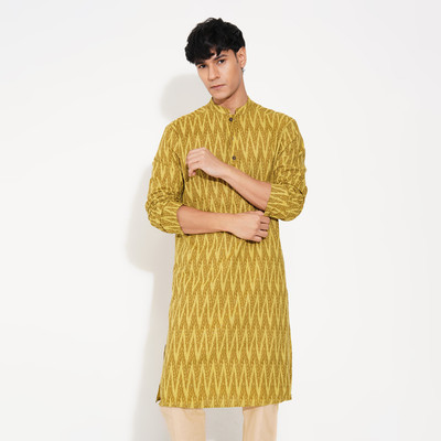 Indus Route by Pantaloons Men Printed Straight Kurta(Brown)