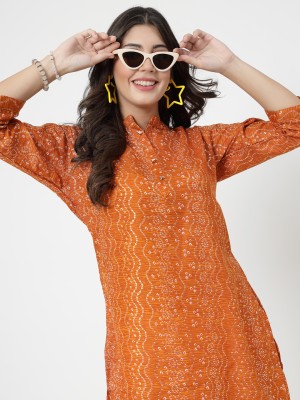 ISHQY Women Printed Flared Kurta(Orange, White)