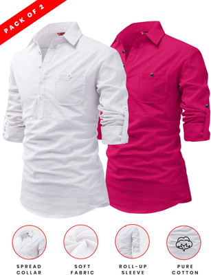 FireFish Men Solid A-line Kurta(Pink)